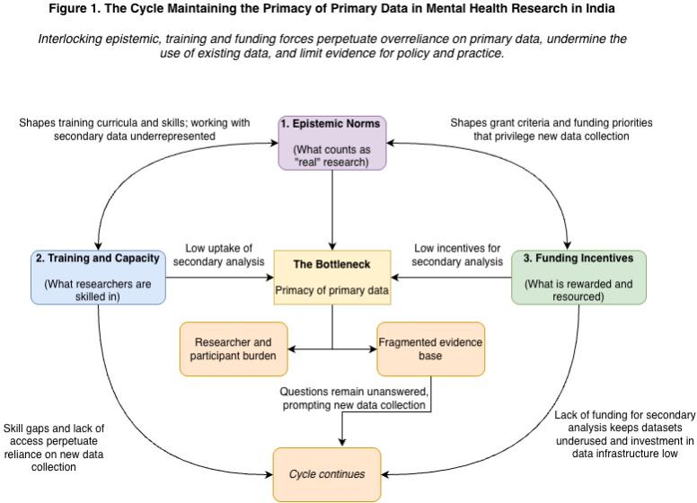 A coloured figure showing a self-sustaining cycle of how epistemic norms, training and capacity issues and funding incentives create a systemic bottleneck: the primary of primary data