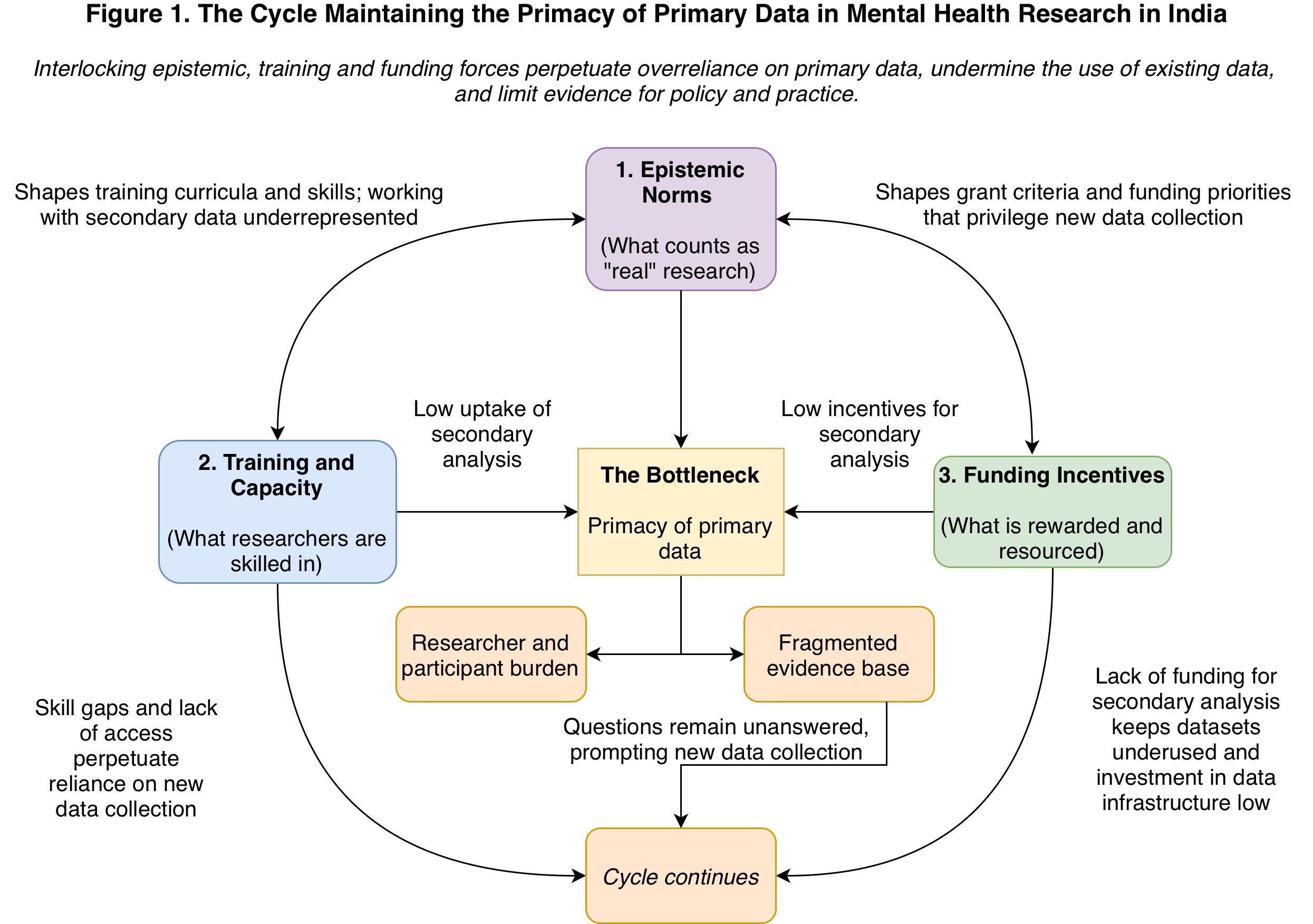 A figure with boxes and arrows showing a self-sustaining cycle of how epistemic norms, training and capacity issues and funding incentives create a systemic bottleneck: the primary of primary data